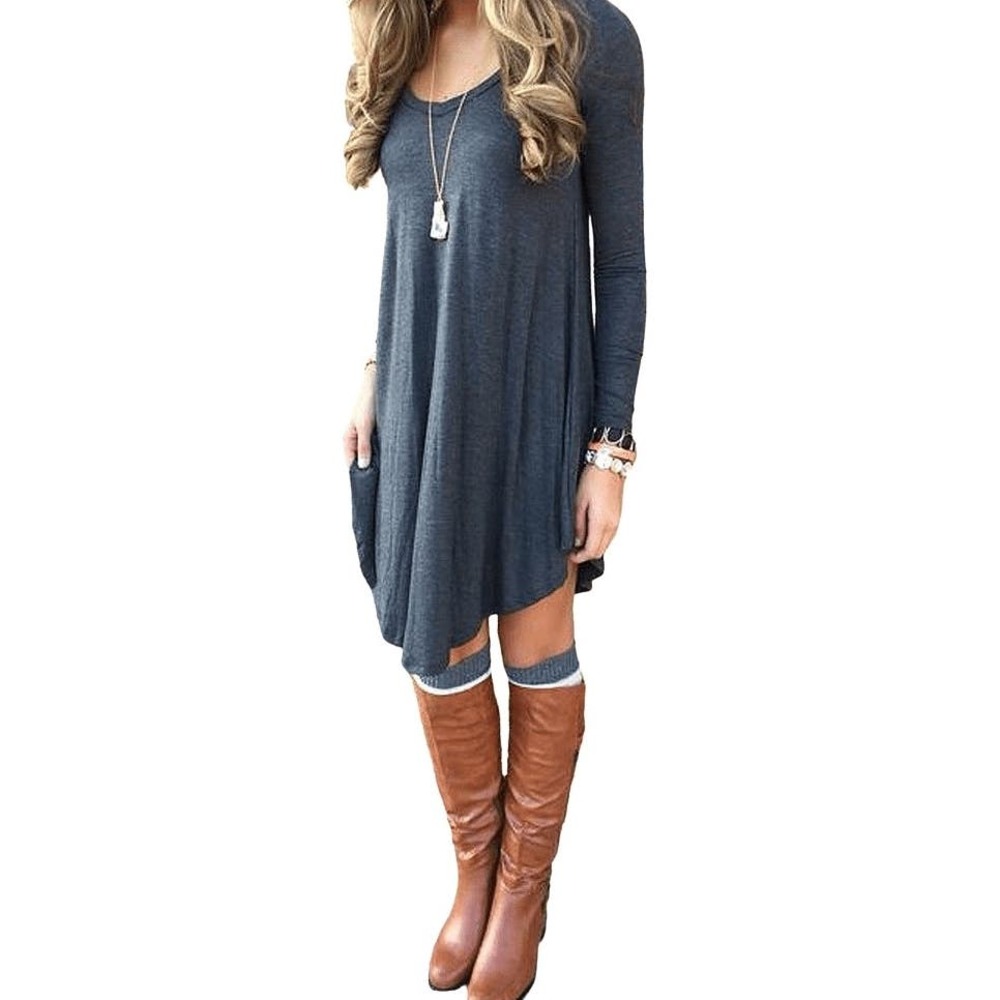 Women's Casual Plain Fit Flowy Simple Swing
T-Shirt Tunic‎ Dress Round Neck